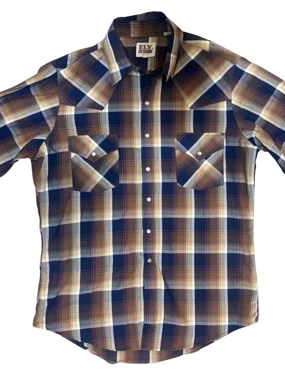 Vtg 90’s Ely Cattleman Plaid Button-Down Shirt in Navy, Brown & Cream
